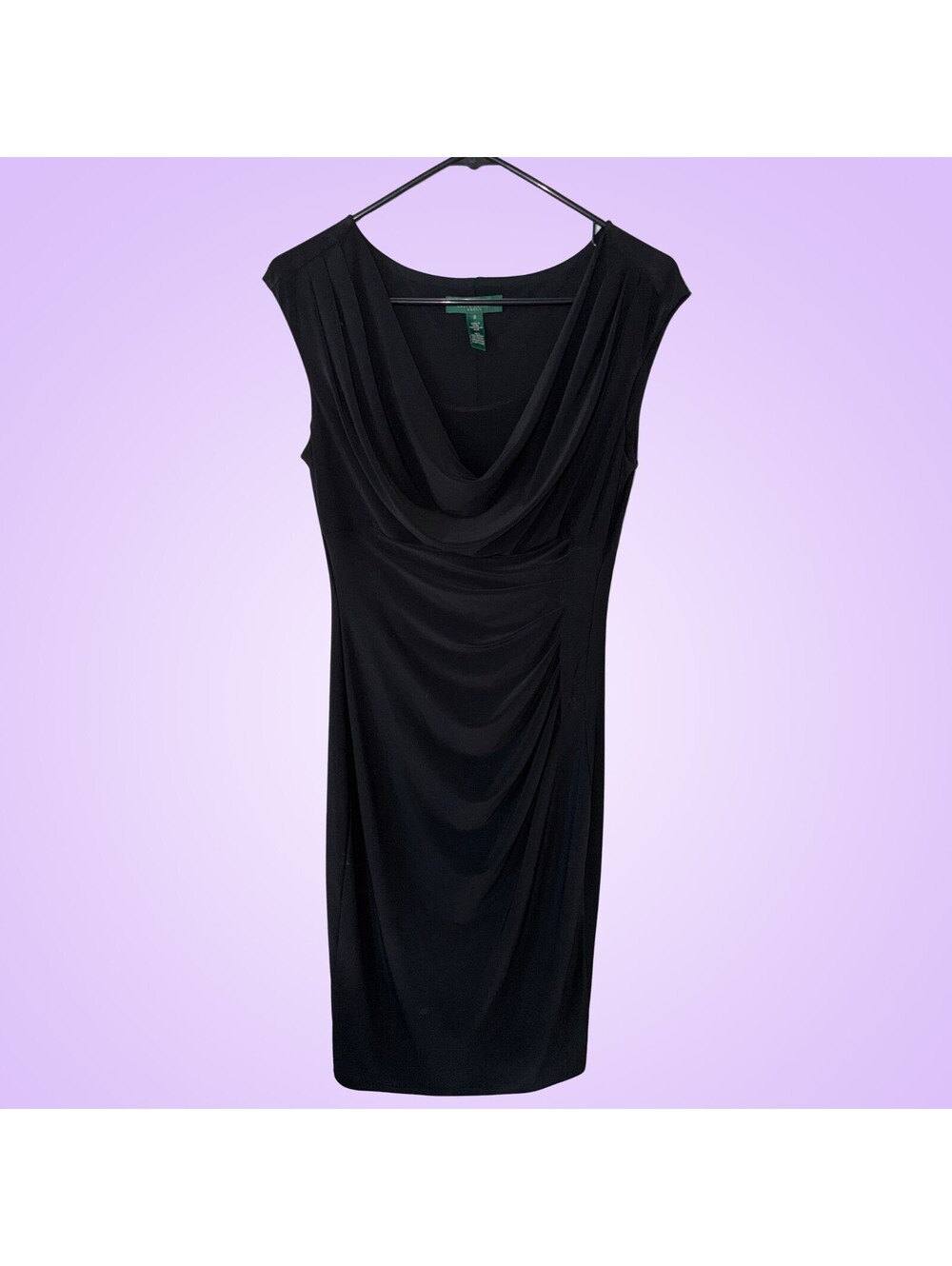Lauren Ralph Lauren Black Cowl Neck Ruched Sheath Dress Size 8 Cap Sleeve